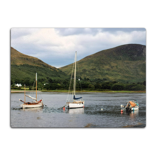 Scottish Landscapes & Seascapes. The Stylish Textured Glass Chopping Board. Lochranza. Isle of Arran. Scotland.