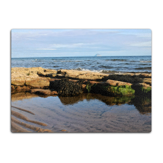 Scottish Landscapes & Riverscapes. The Stylish Textured Glass Chopping Board. Sliddery. Ailsa Craig. Isle of Arran. Scotland.