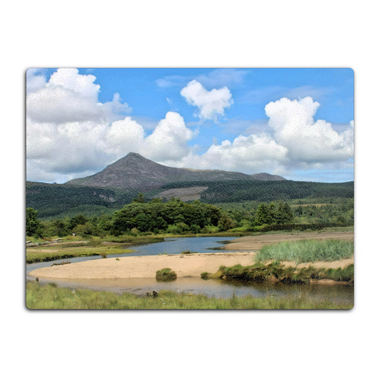 Scottish Landscapes & Seascapes. The Stylish Textured Glass Chopping Board. Brodicik. Goatfell Mountain. Isle of Arran. Scotland.