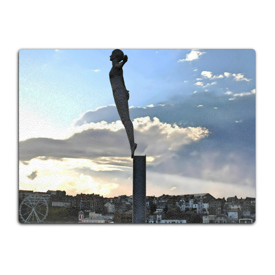 The Stylish Textured Glass Chopping Board. Scarborough Diving Belle. North Yorkshire. England.
