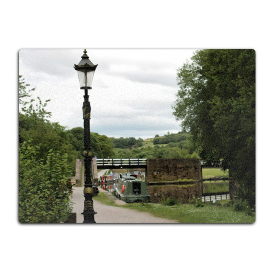 The Stylish Textured Glass Chopping Board. Bugsworth Canal Basin. Buxworth. Peak Forest Canal. Derbyshire. England.