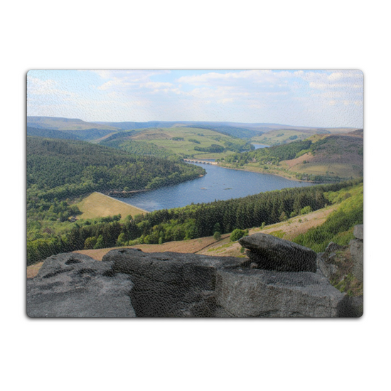 The Stylish Textured Glass Chopping Board. Bamford Edge. Ladybower Reservoir. Peak District National Park. Derbyshire. England.