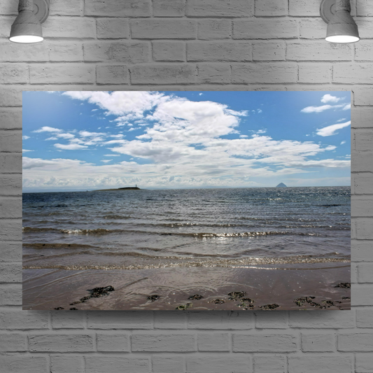 Canvas Art. Scottish Landscapes & Seascapes. Kildonan Beach. Ailsa Craig & Pladda Island. Isle of Arran. Scotland.