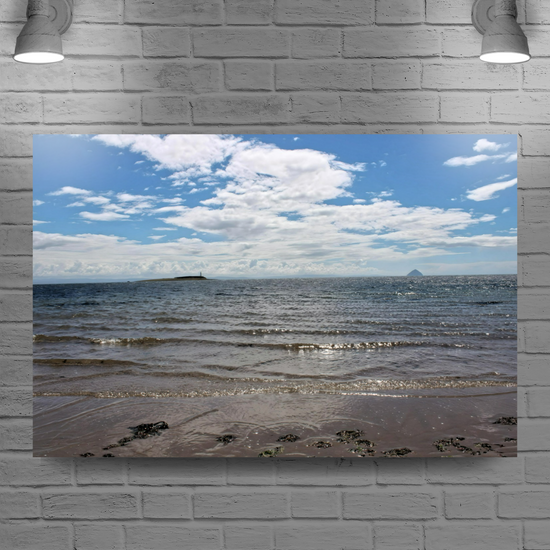 Canvas Art. Scottish Landscapes & Seascapes. Kildonan Beach. Ailsa Craig & Pladda Island. Isle of Arran. Scotland.