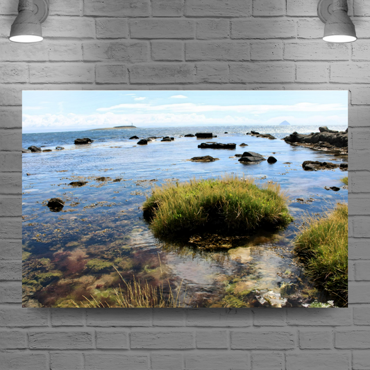Canvas Art. Scottish Landscapes & Seascapes. Kildonan Beach. Ailsa Craig & Pladda Island. Isle of Arran. Scotland.