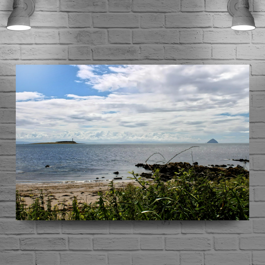 Canvas Art. Scottish Landscapes & Seascapes. Kildonan Beach. Ailsa Craig & Pladda Island. Isle of Arran. Scotland.