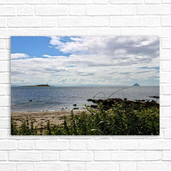 Canvas Art. Scottish Landscapes & Seascapes. Kildonan Beach. Ailsa Craig & Pladda Island. Isle of Arran. Scotland.