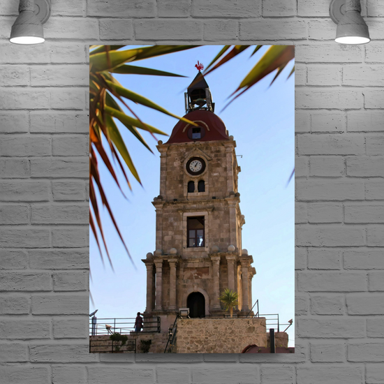 Canvas Art. Grecian Cityscapes & Landmarks. Roloi Clock Tower. Rhodes Medieval Town. Greece.