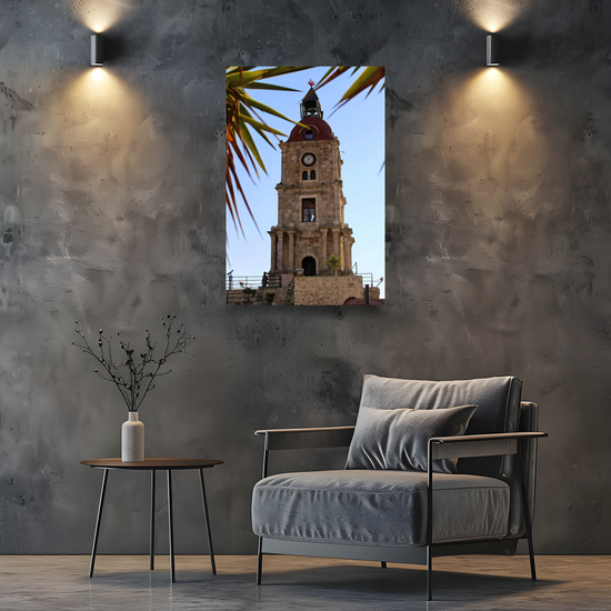 Canvas Art. Grecian Cityscapes & Landmarks. Roloi Clock Tower. Rhodes Medieval Town. Greece.