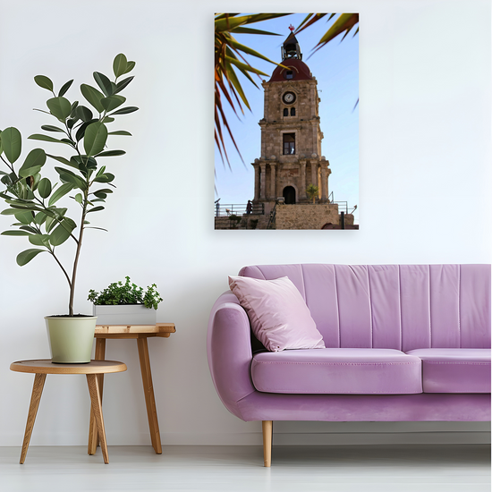 Canvas Art. Grecian Cityscapes & Landmarks. Roloi Clock Tower. Rhodes Medieval Town. Greece.