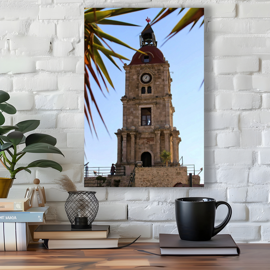 Canvas Art. Grecian Cityscapes & Landmarks. Roloi Clock Tower. Rhodes Medieval Town. Greece.