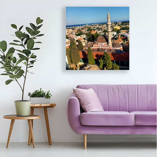Canvas Art. Grecian Cityscapes & Landmarks. Roloi Clock Tower View. Rhodes Medieval Town. Greece.