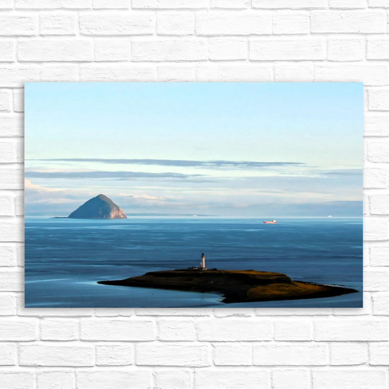 Canvas Art. Scottish Landscapes & Seascapes. Kildonan Beach.  Ailsa Craig & Pladda Island. Isle of Arran. Scotland.