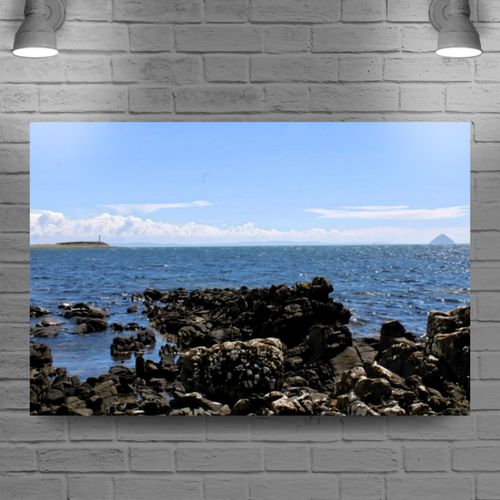 Canvas Art. Scottish Landscapes & Seascapes. Kildonan Beach. Ailsa Craig & Pladda Island. Isle of Arran. Scotland.