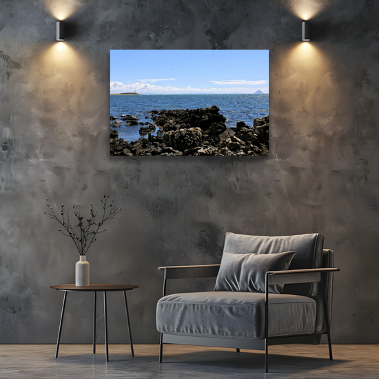 Canvas Art. Scottish Landscapes & Seascapes. Kildonan Beach. Ailsa Craig & Pladda Island. Isle of Arran. Scotland.