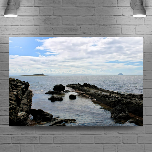 Canvas Art. Scottish Landscapes & Seascapes. Kildonan Beach. Ailsa Craig. Pladda Island. Isle of Arran. Scotland.