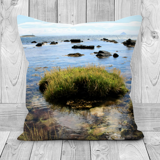 Canvas Art. Luxury Handmade Double Sided Poly Linen Cushions. Ailsa Craig & Pladda Island. Kildonan  Beach. Isle of Arran. Scotland.