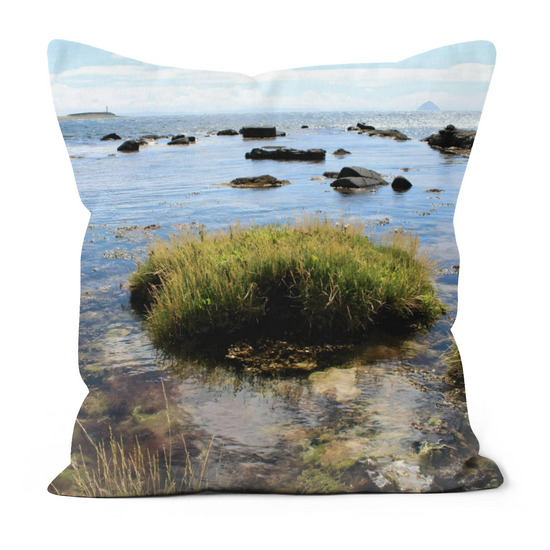 Canvas Art. Luxury Handmade Double Sided Poly Linen Cushions. Ailsa Craig & Pladda Island. Kildonan  Beach. Isle of Arran. Scotland.