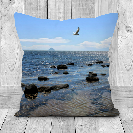 Canvas Art. Luxury Handmade Double Sided Poly Linen Cushions. Ailsa Craig & Pladda Island. Kildonan  Beach. Isle of Arran. Scotland.