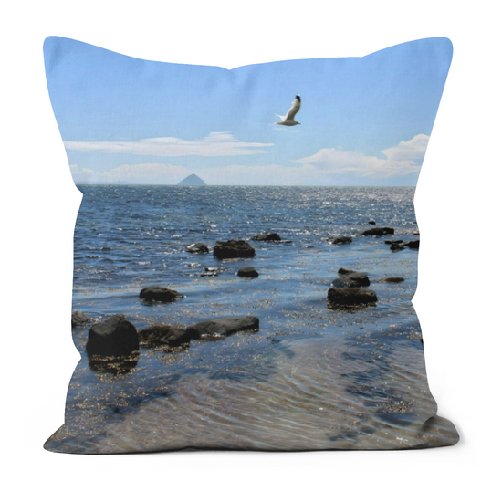 Canvas Art. Luxury Handmade Double Sided Poly Linen Cushions. Ailsa Craig & Pladda Island. Kildonan  Beach. Isle of Arran. Scotland.