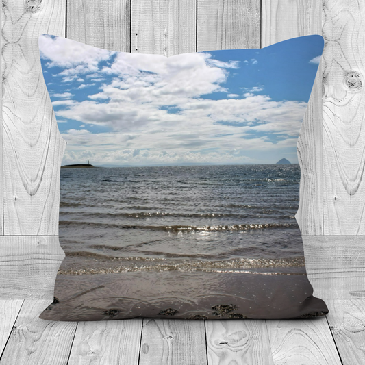 Canvas Art. Luxury Handmade Double Sided Poly Linen Cushions. Kildonan & Sliddery. Ailsa Craig & Pladda Island. Isle of Arran. Scotland.