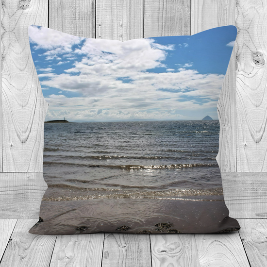 Canvas Art. Luxury Handmade Double Sided Poly Linen Cushions. Kildonan & Sliddery. Ailsa Craig & Pladda Island. Isle of Arran. Scotland.