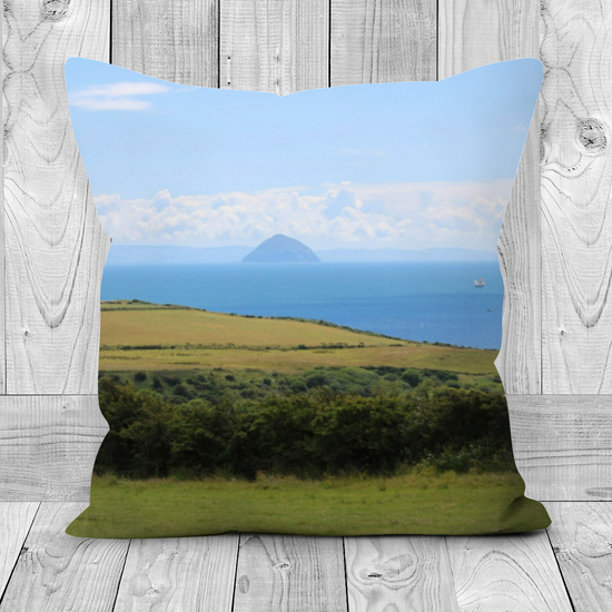 Canvas Art. Luxury Handmade Double Sided Poly Linen Cushions. Kildonan & Sliddery. Ailsa Craig & Pladda Island. Isle of Arran. Scotland.