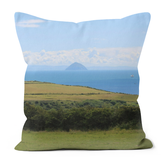 Canvas Art. Luxury Handmade Double Sided Poly Linen Cushions. Kildonan & Sliddery. Ailsa Craig & Pladda Island. Isle of Arran. Scotland.