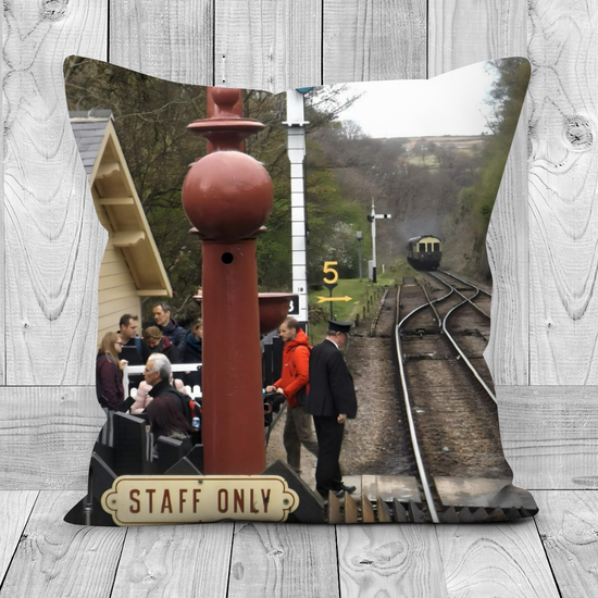 Canvas Art. Luxury Handmade Double Sided Poly Linen Cushions.  Goathland Train Station. Near Whitby. North Yorkshire. England.