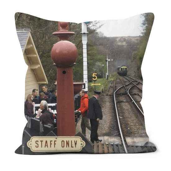 Canvas Art. Luxury Handmade Double Sided Poly Linen Cushions.  Goathland Train Station. Near Whitby. North Yorkshire. England.