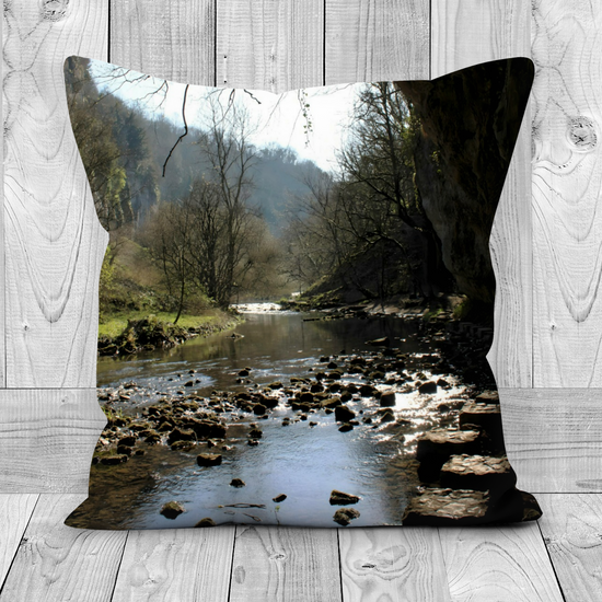 Canvas Art. Luxury Handmade Double Sided  Poly Linen Cushions. Chee Dale Stepping Stones. Peak District National Park. England.