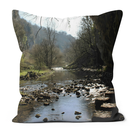 Canvas Art. Luxury Handmade Double Sided  Poly Linen Cushions. Chee Dale Stepping Stones. Peak District National Park. England.