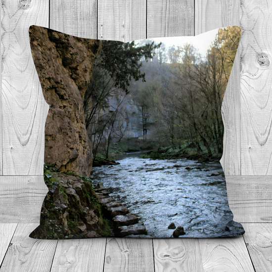 Canvas Art. Luxury Handmade Double Sided  Poly Linen Cushions. Chee Dale Stepping Stones. Peak District National Park. England.