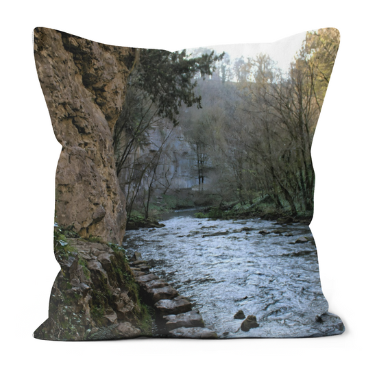 Canvas Art. Luxury Handmade Double Sided  Poly Linen Cushions. Chee Dale Stepping Stones. Peak District National Park. England.