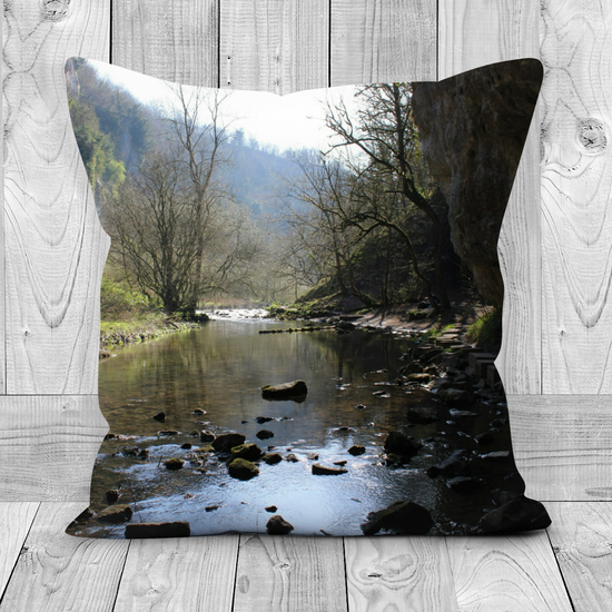 Canvas Art. Luxury Handmade Double Side Poly Linen Cushions. Chee Dale Stepping Stones. Peak District National Park. England.