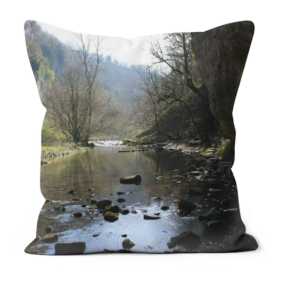 Canvas Art. Luxury Handmade Double Side Poly Linen Cushions. Chee Dale Stepping Stones. Peak District National Park. England.