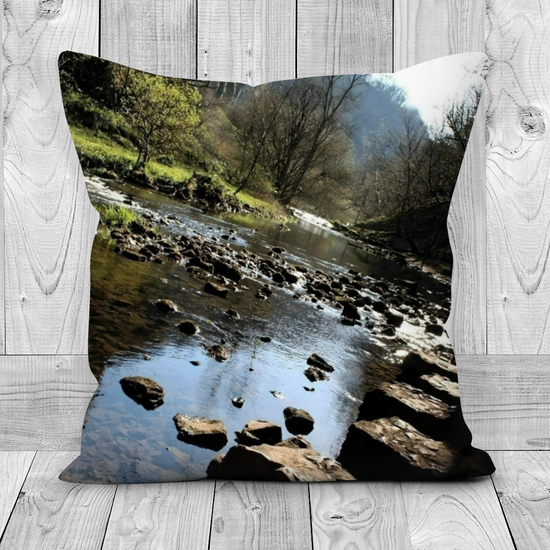 Canvas Art. Luxury Handmade Double Side Poly Linen Cushions. Chee Dale Stepping Stones. Peak District National Park. England.