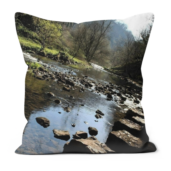 Canvas Art. Luxury Handmade Double Side Poly Linen Cushions. Chee Dale Stepping Stones. Peak District National Park. England.