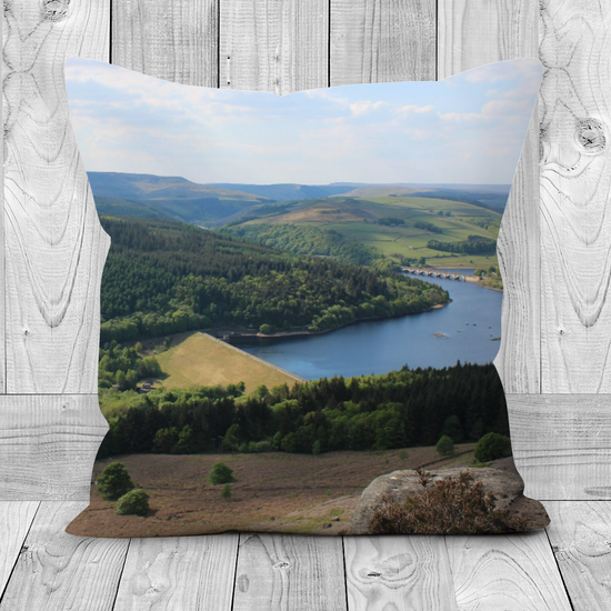 Canvas Art. Handmade Double Sided Poly Linen Cushions. Bamford Edge. Ladybower Reservoir. Peak District National Park. England.