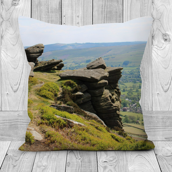 Canvas Art. Handmade Double Sided Poly Linen Cushions. Bamford Edge. Peak District National Park. England.