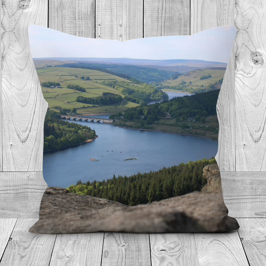 Canvas Art. Handmade Double Sided Poly Linen Cushions. Bamford Edge. Ladybower Reservoir. Peak District National Park. England.