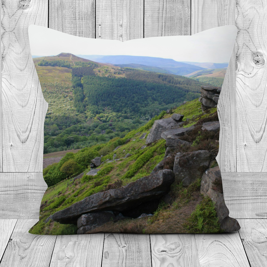 Canvas Art. Luxury Handmade Double Sided Poly Linen Cushions. Bamford Edge. Ladybower Reservoir. Peak District National Park. England.