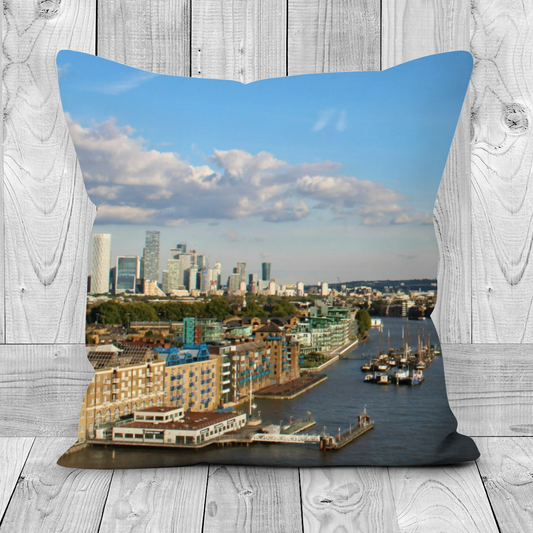 Canvas Art. Luxury Handmade Double Sided Poly Linen Cushions. River Thames Aerial View. Millennium Bridge. The Shard. London. England.