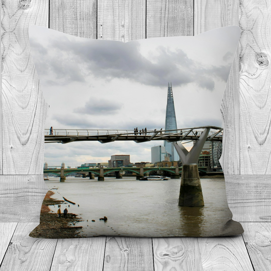 Canvas Art. Luxury Handmade Double Sided Poly Linen Cushions. River Thames Aerial View. Millennium Bridge. The Shard. London. England.