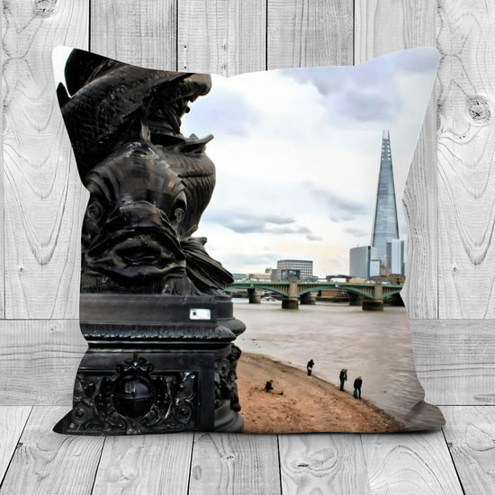 Canvas Art. Luxury Handmade Double Sided Poly Linen Cushions. Kings Road. Chelsea. River Thames. The Shard. London. England.