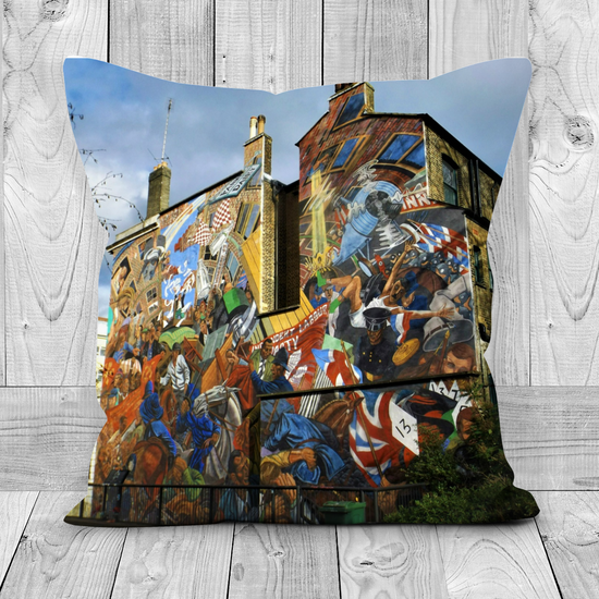 Canvas Art. Luxury Handmade Double Sided Poly Linen Cushions. Brick Lane. Shoreditch. Cable Street Mural. Shadwell. London. England.