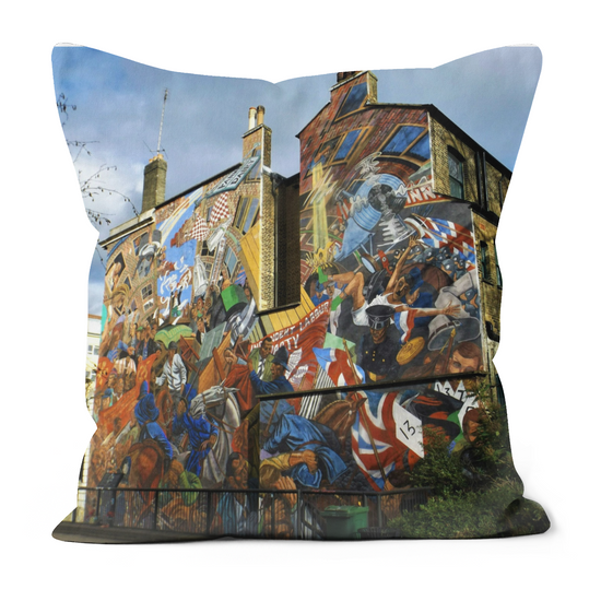 Canvas Art. Luxury Handmade Double Sided Poly Linen Cushions. Brick Lane. Shoreditch. Cable Street Mural. Shadwell. London. England.