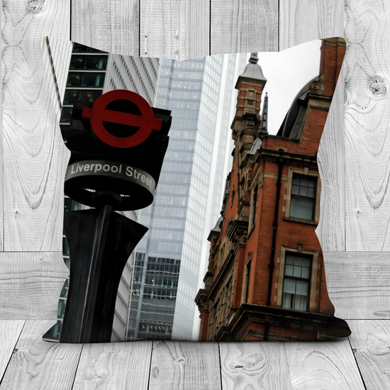 Canvas Art. Luxury Handmade Double Sided Poly Linen Cushions. Whitechapel & Liverpool Street Station. London. England.