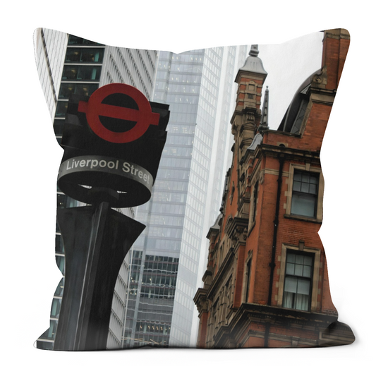 Canvas Art. Luxury Handmade Double Sided Poly Linen Cushions. Whitechapel & Liverpool Street Station. London. England.
