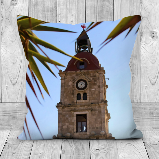 Canvas Art. Luxury Handmade Double Sided Poly Linen Cushions. Roloi Clock Tower. Rhodes Medieval Town Aerial View. Rhodes. Greece.